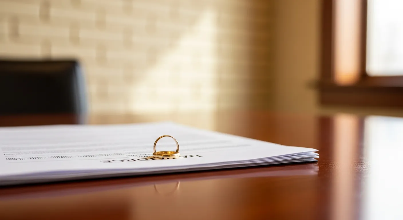 Divorce documents and wedding ring on attorney desk in Dane County, Wisconsin