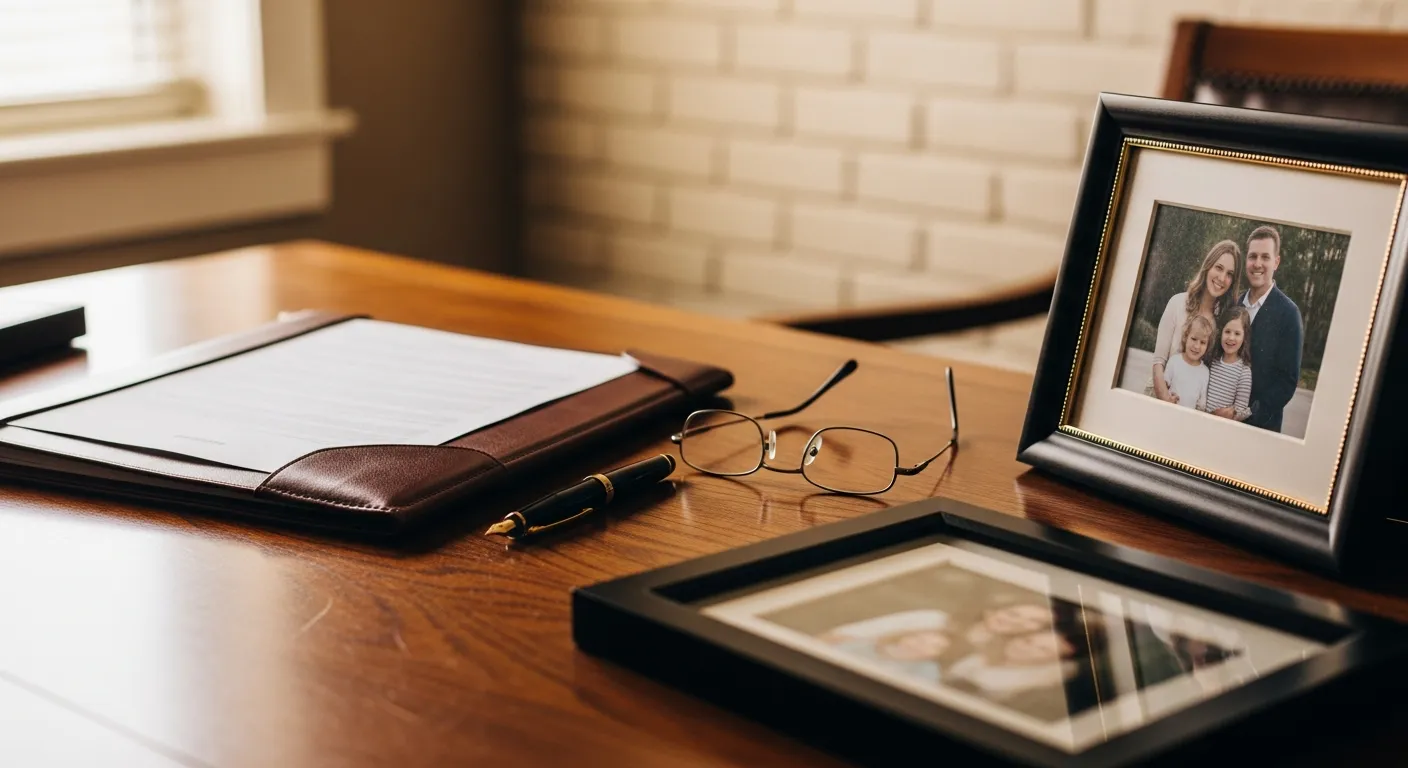 Family law attorney's desk with legal documents in Manitowoc County, Wisconsin