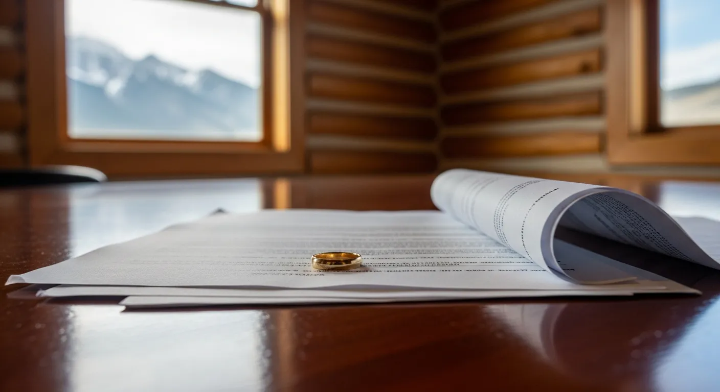 Divorce documents and wedding ring on attorney desk in Platte County, Wyoming
