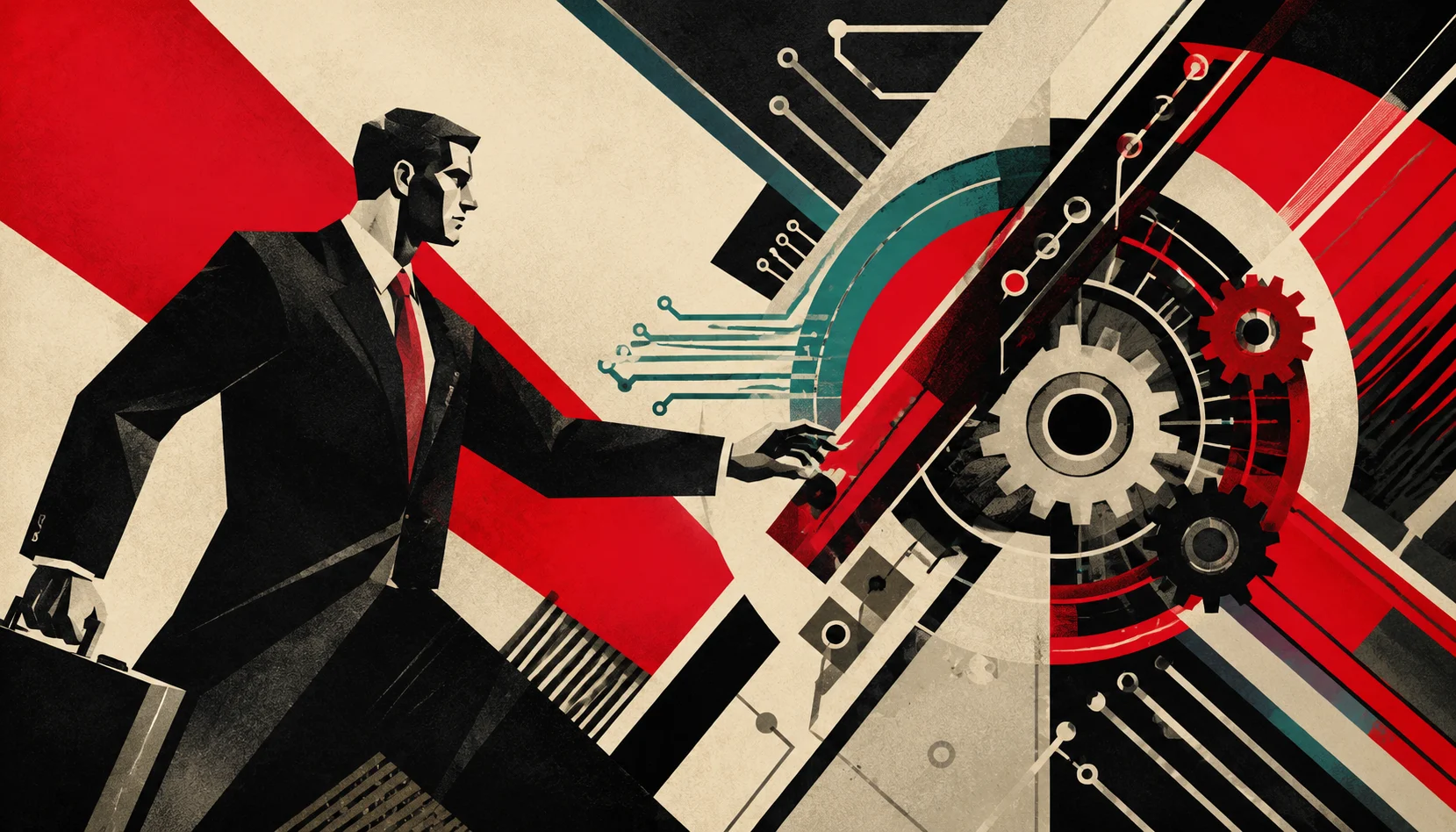 Constructivist poster-style attorney silhouette interacting with an abstract AI machine