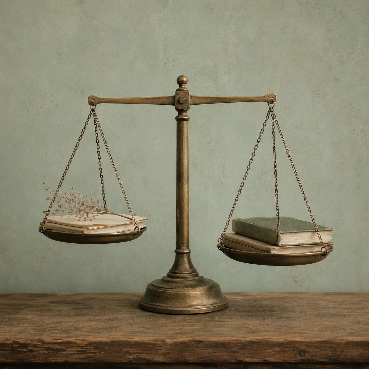 Antique brass scale on a wooden table with one pan slightly heavier — symbol of judges weighing competing custody factors