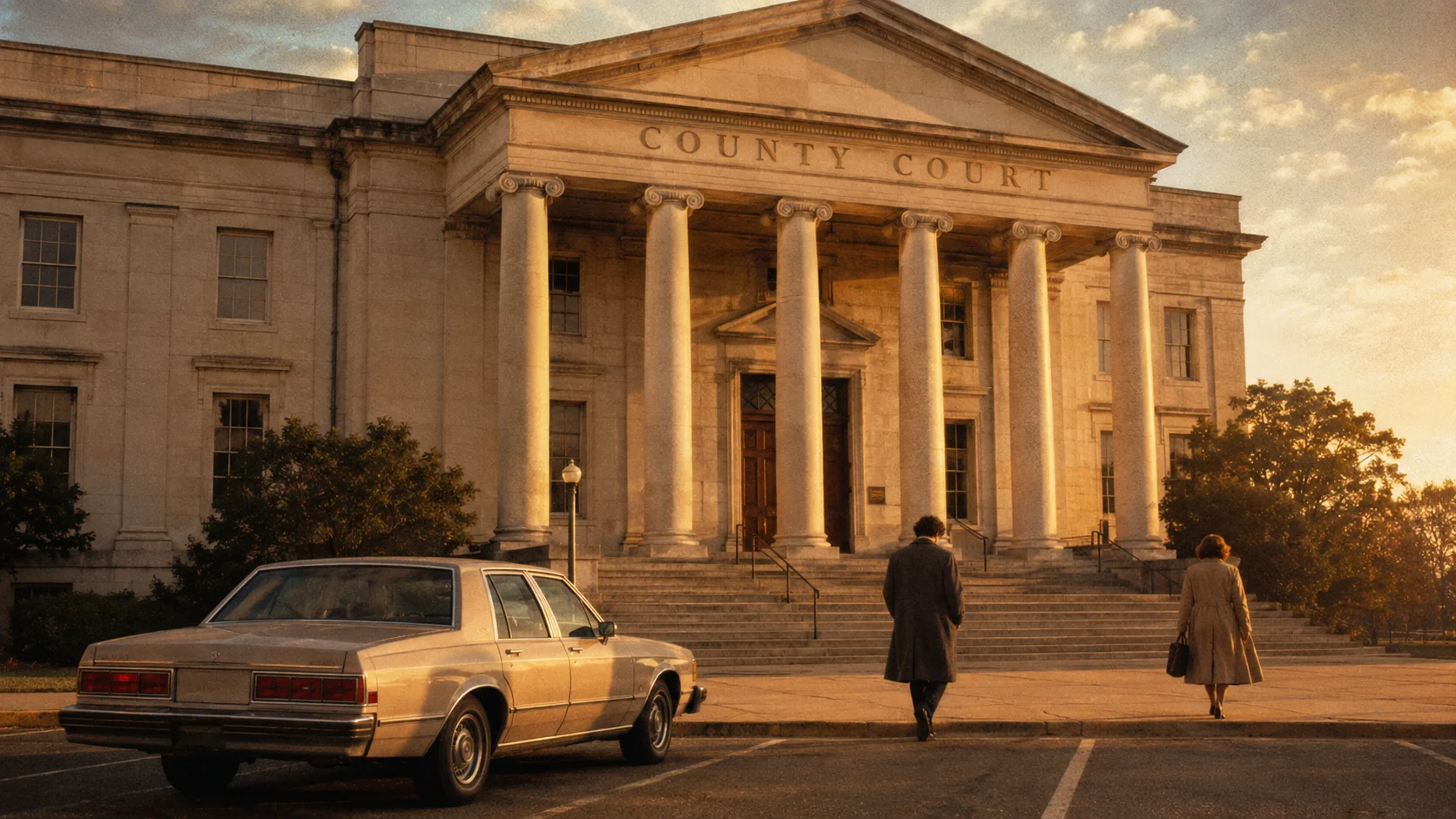 1980s county courthouse exterior at golden hour with two adult silhouettes walking opposite sides of the front steps