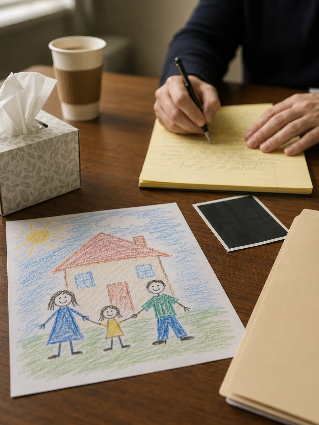 Child's crayon drawing of family on a conference table next to an adult's hands on a yellow legal pad — custody meeting in progress