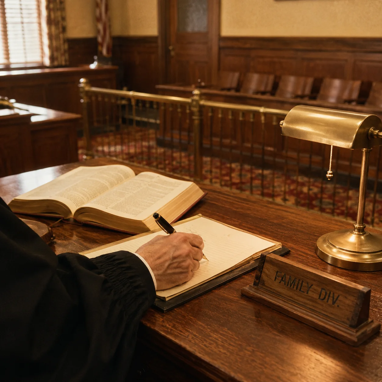 1970s family court judge writing at a wood-paneled bench, robed sleeve and fountain pen visible, brass desk lamp