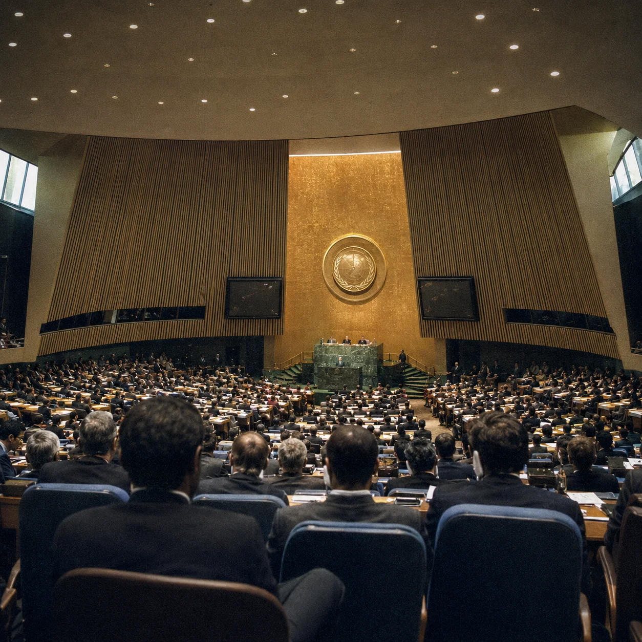 Wide interior of an international assembly hall in 1989, the year the UN Convention on the Rights of the Child was adopted — delegates seen from behind