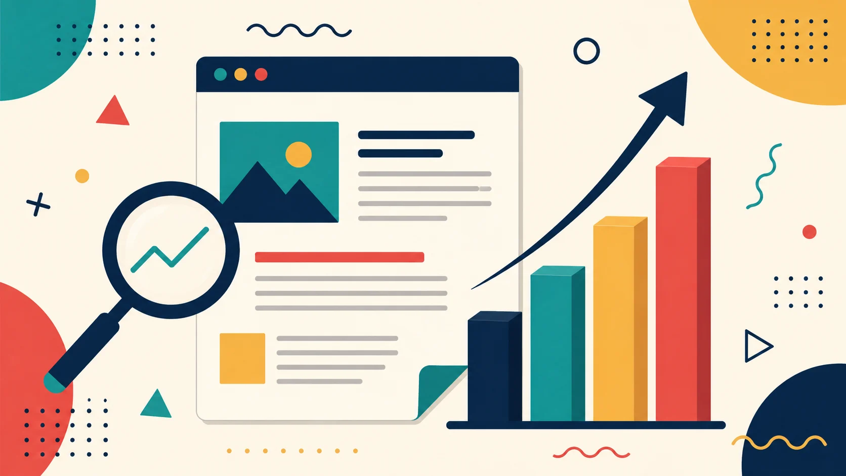 Memphis-style law firm blog SEO illustration with a page icon and abstract ranking bars