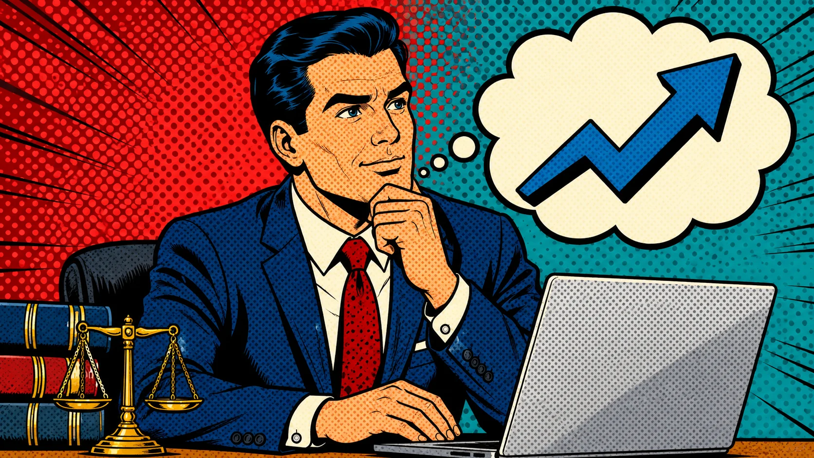 Pop-art attorney in a navy suit working at a laptop with an upward arrow thought bubble for LinkedIn marketing